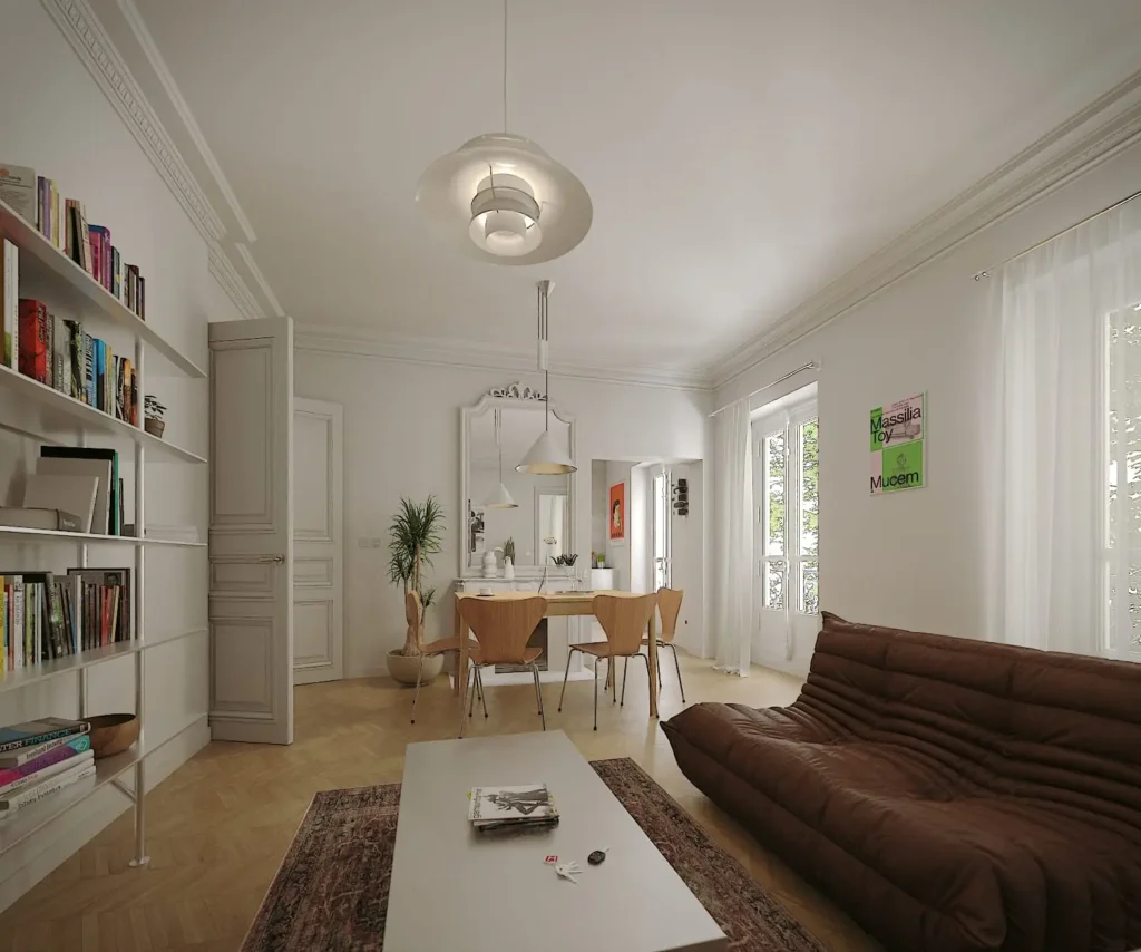 Rénovation d’un appartement haussmannien à Paris 17e avec séjour lumineux, bibliothèque murale et parquet chevron – Perrine Duprez architecte d’intérieur